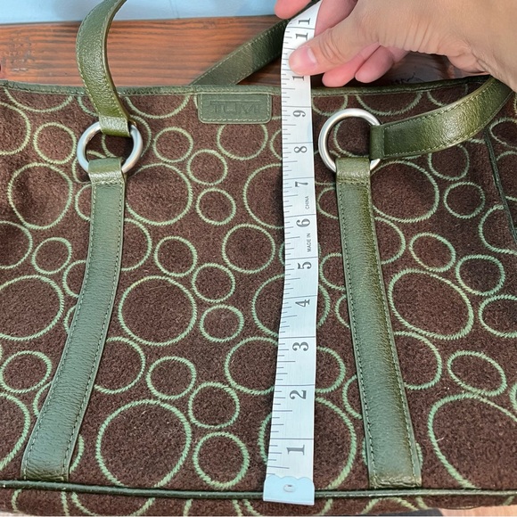 TUMI Wool Leather Trim Tote Shoulder Bag and Wallet Brown Green 13"x9.5" Circles - Picture 10 of 16